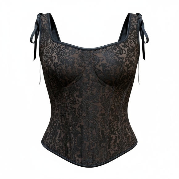 None Other - Black Lace Goth Corset Top L Dark Academia Coquette Alt Bustier Sheer Floral Bon